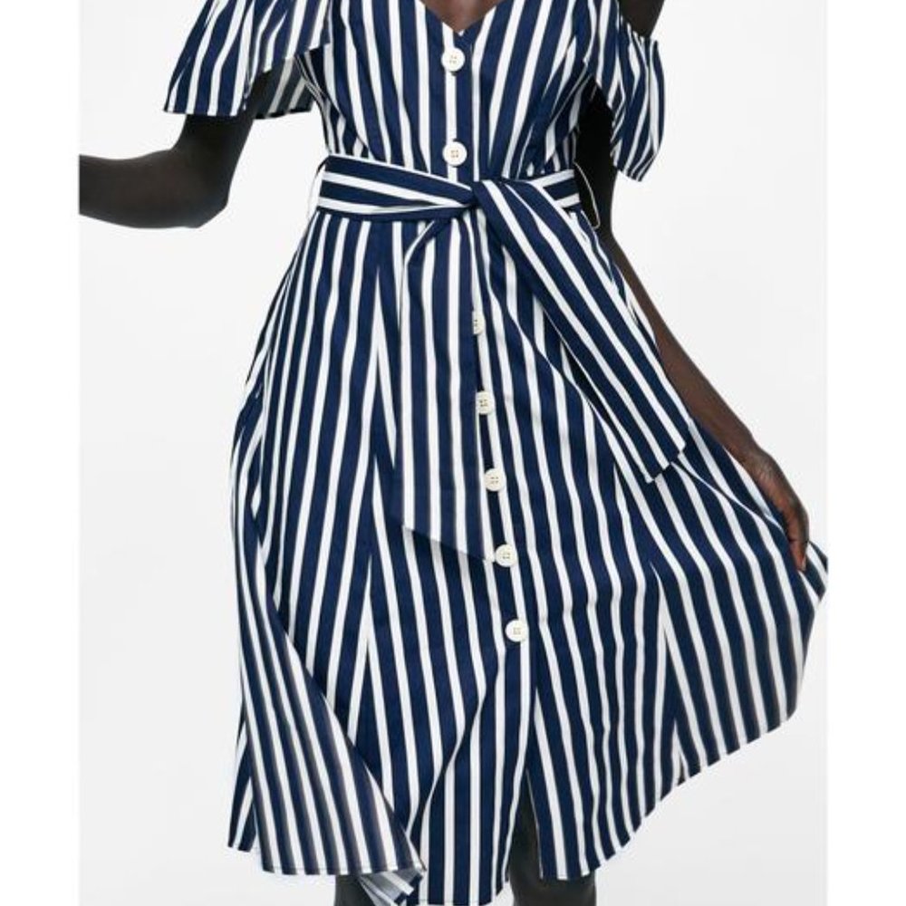 ZARA Cold Shoulder Nautical Navy Blue White Stripe Cotton Midi Dress - Picture 9 of 13
